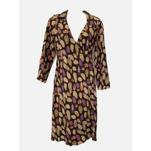 Poleci Silk Feather Print Faux Wrap Dress
